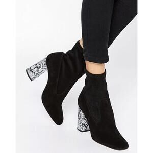 Modern Suede Stretch Sock Ankle Boot Size 38 EU 7.5 US Marbled Heel New Look